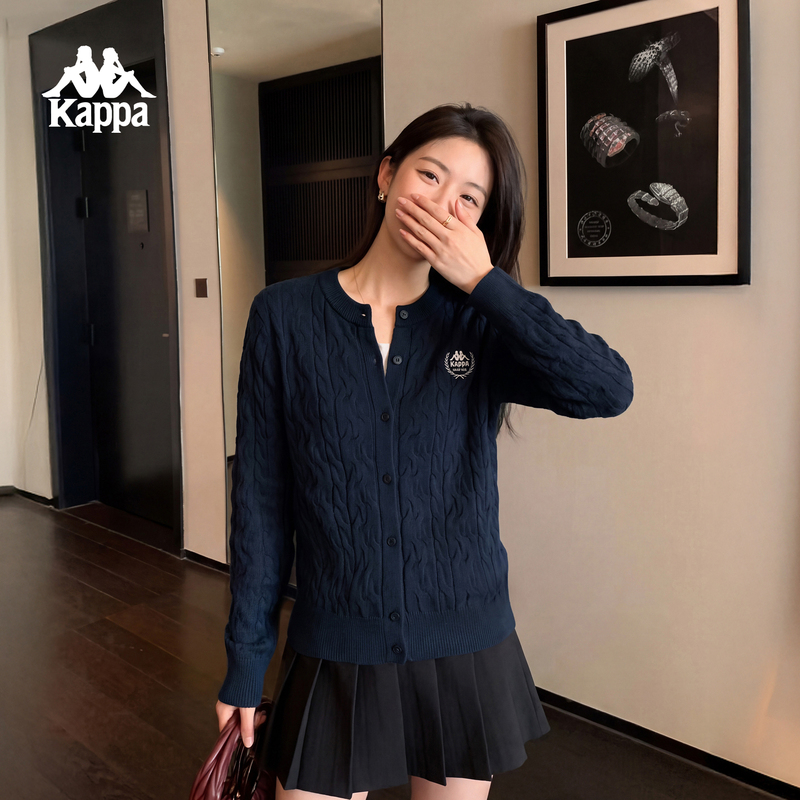 Kappa Old Money Style Cable Knit Cardigan Slim Fit Women's Dark Blue Casual Sweater Jacket