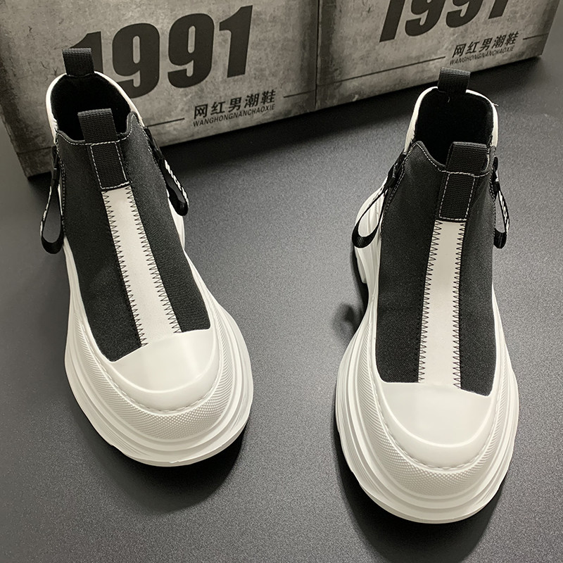 High Cylinder Thick Base Men's Shoes Summer Breathable Casual Shoes Submale Fashion Trends Canvas Wave Shoes New Pull Chain Heightening Shoes