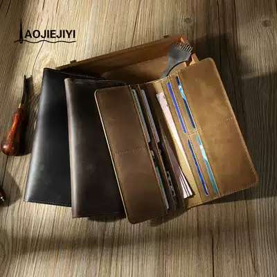 Leather long version wallet men's Crazy Horse leather handmade wallet retro wallet multi card position ultra-thin vertical