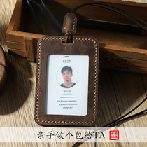 Work permit protective cover leather manual diy bus sleeve badge lanyard retro style custom work card bag