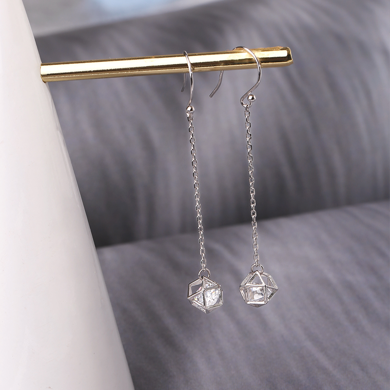 Sterling Silver Earrings Women's Long Hollow Rubik's Cube Diamond Earrings Korean Temperament Fashion S925 Silver Ear Line Exquisite Earhooks