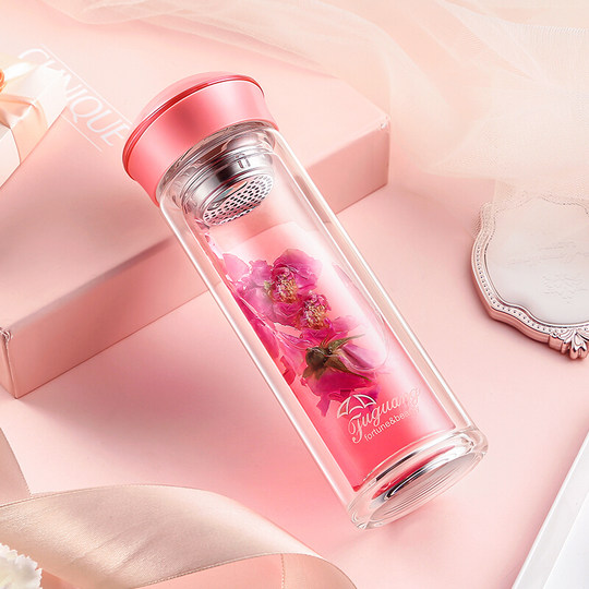 Fuguang Double-Layer Glass Women's Water Cup Portable Tea Cup Cute Handy Cup Flower Tea Cup Small and Cute