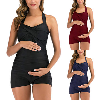 Nylon pregnant women solid color one-piece swimsuit new folds gathered one piece swimsuit women's boxer swimming trunks conservative 2022