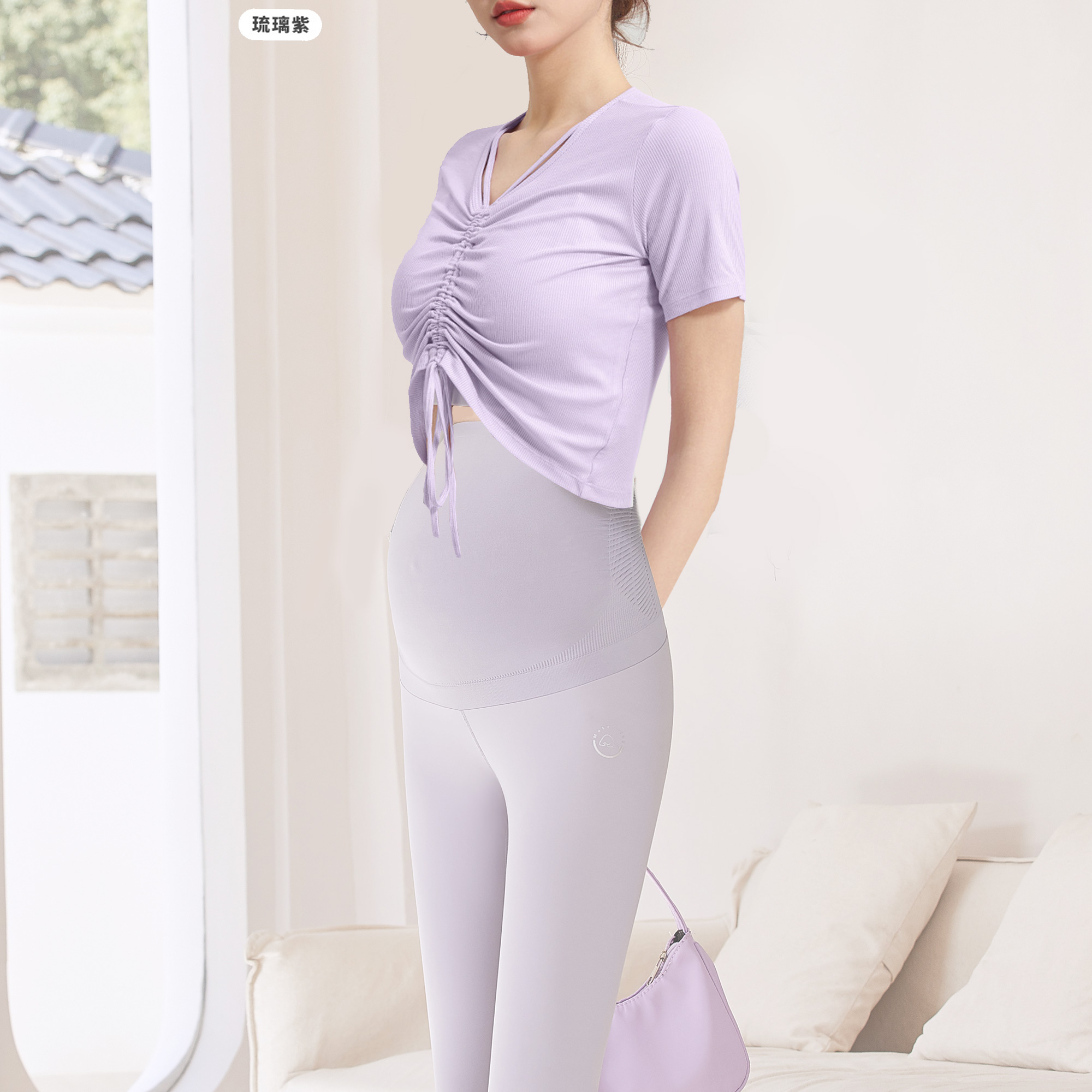 2023 Summer New N Yoga Suit Pregnant pregnant woman fitness clothes Dew Navel Short blouses threaded high waist Toobao-Taobao