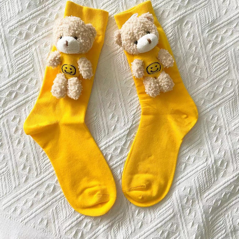 New Trendy Pure Cotton Bear Mid-Calf Socks for Women, Versatile Smiley Face Cute Socks for Outdoor Wear, Sweet Cartoon Bunny Socks