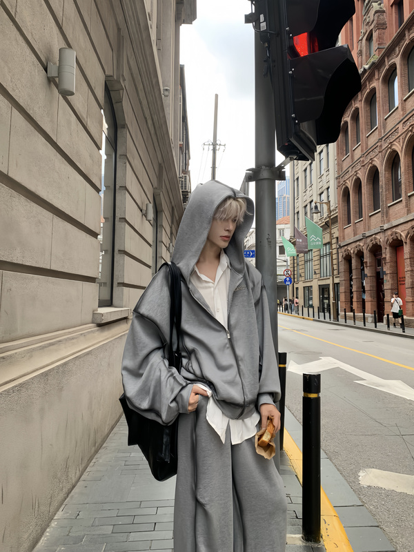 [Same Style as Wang Lujie] One Lilacfish Niche Avant-Garde Gray Line Design Hooded Pleated Suit