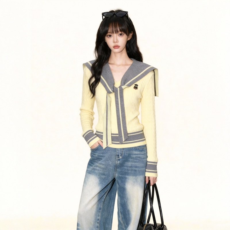 Yellow Navy Collar Shawl Sweater for Women 2026 Spring and Autumn New Style Preppy Slim Long-Sleeved Knitted Base Shirt Top