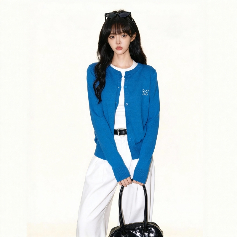 Klein Blue Knitted Cardigan for Women, Autumn and Winter, High-End, Lazy Style, Loose, Soft, Round Neck, Embroidered Sweater Jacket