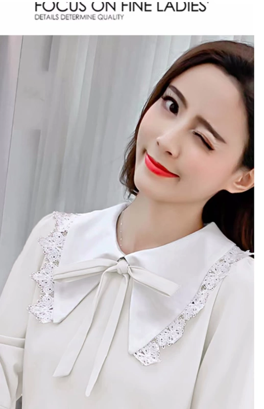 2018 mới Hàn Quốc cổ áo ren cổ điển sang trọng áo sơ mi dài tay ren khâu áo sơ mi voan nữ 	áo sơ mi cổ trụ nữ dài tay	