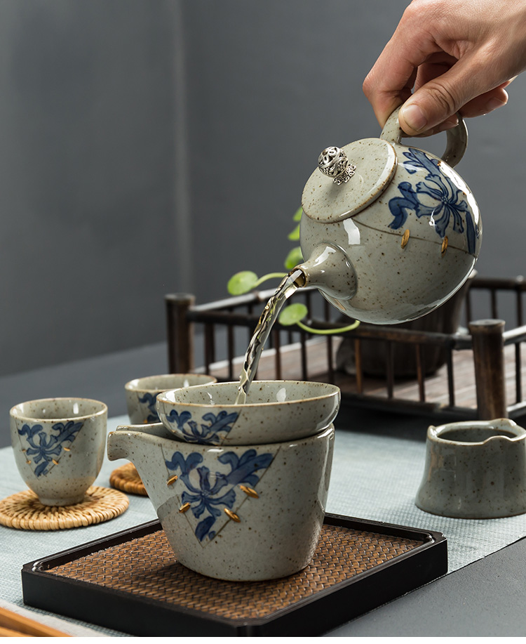 Phong cách Nhật Bản nhỏ men vàng nồi đảo ngược Ấm trà nấu ăn màu xanh và trắng Nồi gốm thô đá đơn nồi chè Kung Fu bộ bo am tra