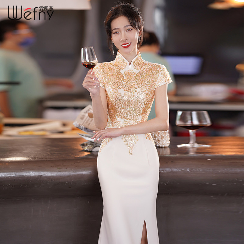Шампанское для помолвки, cheongsam, новинка 2026 года, вечернее платье в китайском стиле с рыбьим хвостом, элитное банкетное платье для весенне-летних женщин
