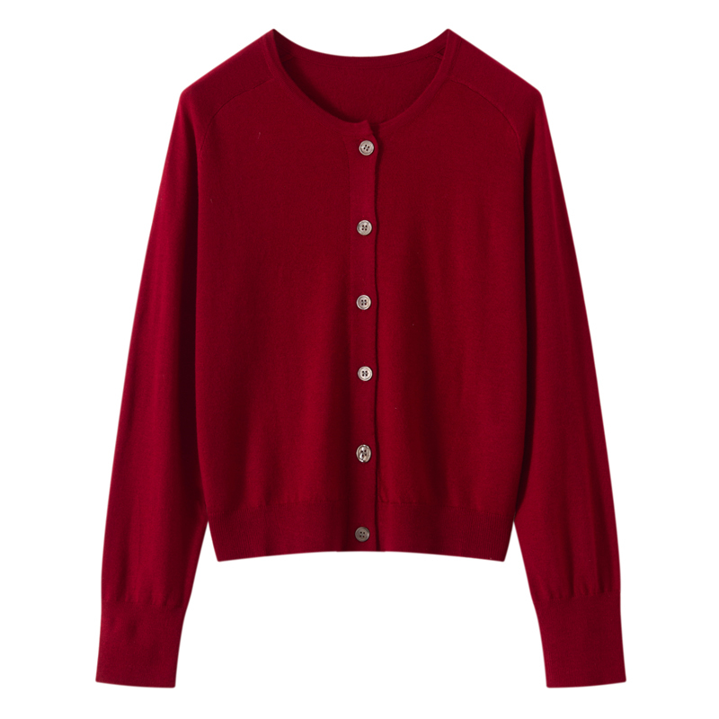 Summer Sun Protection Clothing, Air-Conditioned Round-Neck Long-Sleeve Fine Wool Cardigan with Shell Buttons, Long-Sleeve Jacket