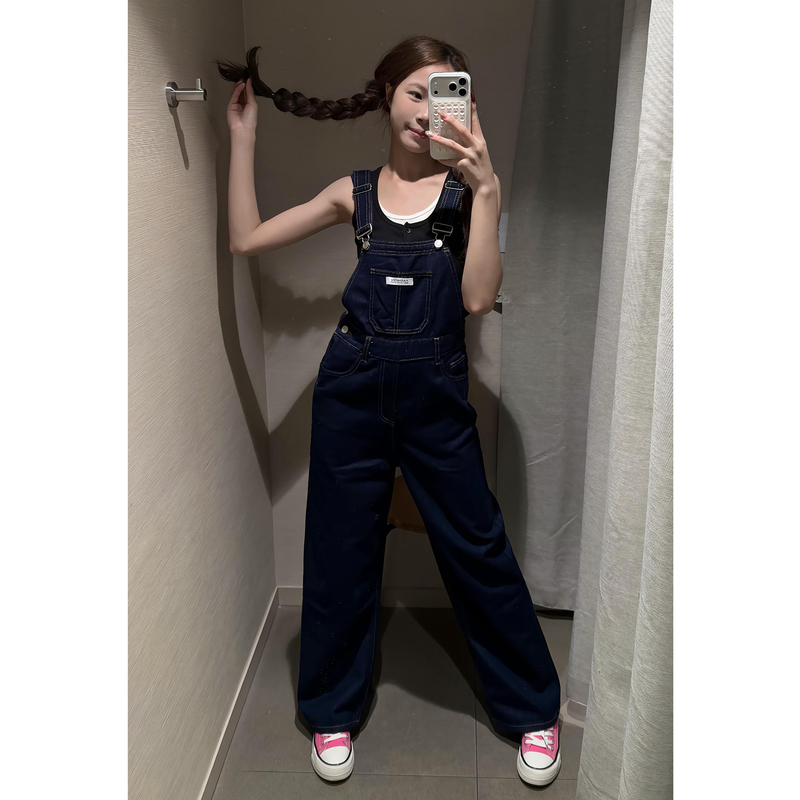 Dark Blue Youthful Denim Overalls for Women, 2026 Summer New Style, Loose Fit, Slimming Wide-Leg Straight Floor-Length Jumpsuit