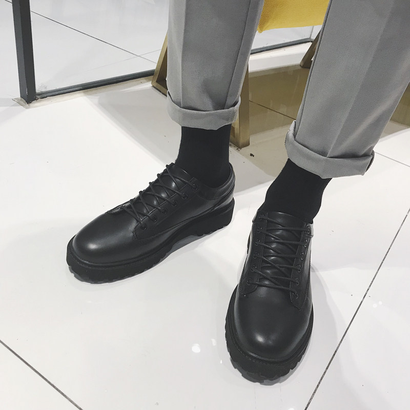 Winter students All Black Little leather shoes Men's Korean version Trend original Cebu Wind men's shoes 100 Heightening Casual Shoes Son