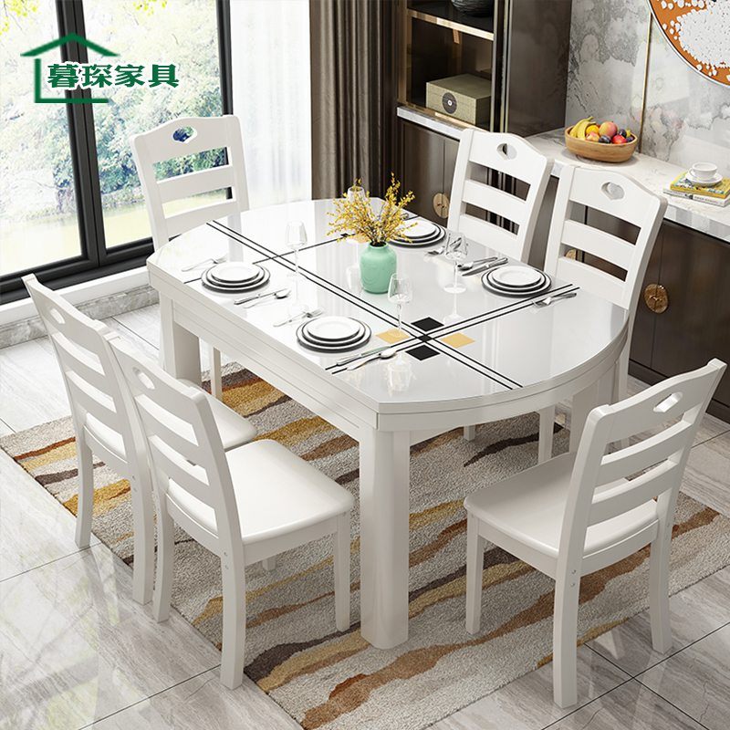 Tempered glass white solid wood dining table and chair combination Modern simple telescopic folding household table Marble round table