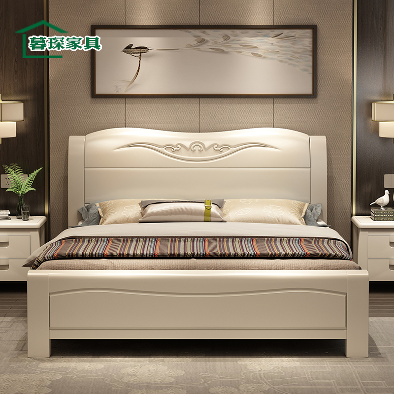 Solid wood bed master bedroom Oak White 1 8 meters double simple modern Chinese style 1 5m1 35 high Box storage wedding bed