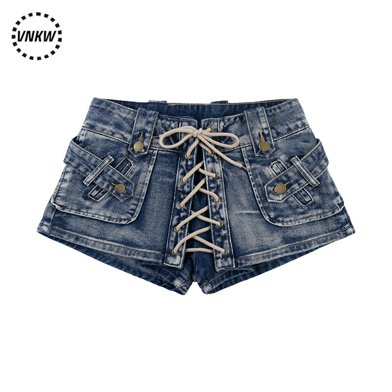 Trendy Chinese Style Washed Distressed Heavy-Duty Lace-Up Denim Ultra-Short Shorts for Women, Low-Waisted, Niche Punk, Slim-Fit, Slimming Hot Pants