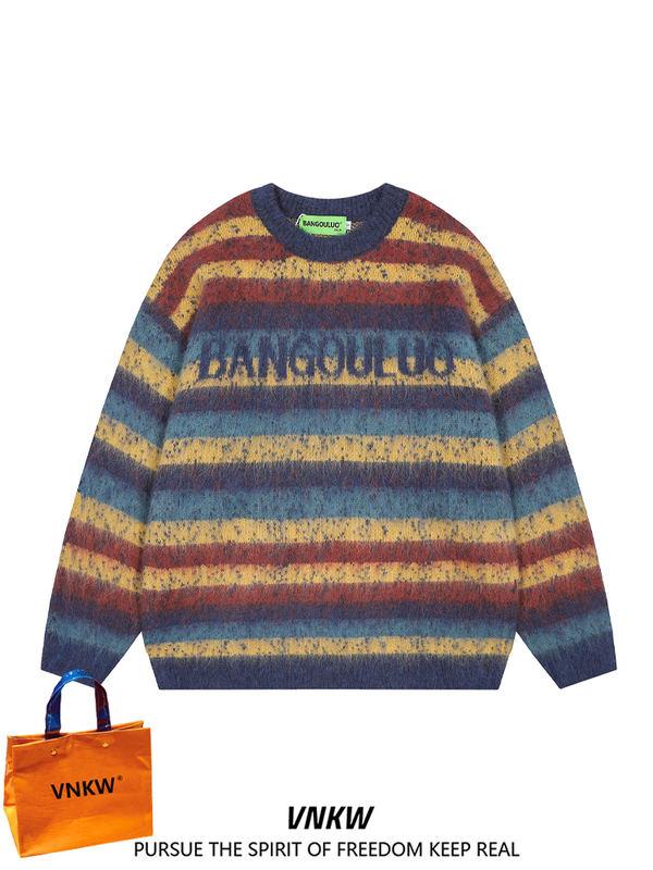 American Street Style Gradient Embroidered Letter Crew Neck Sweater for Men, Autumn and Winter, Melard Lazy Style, Versatile Knitwear for Couples