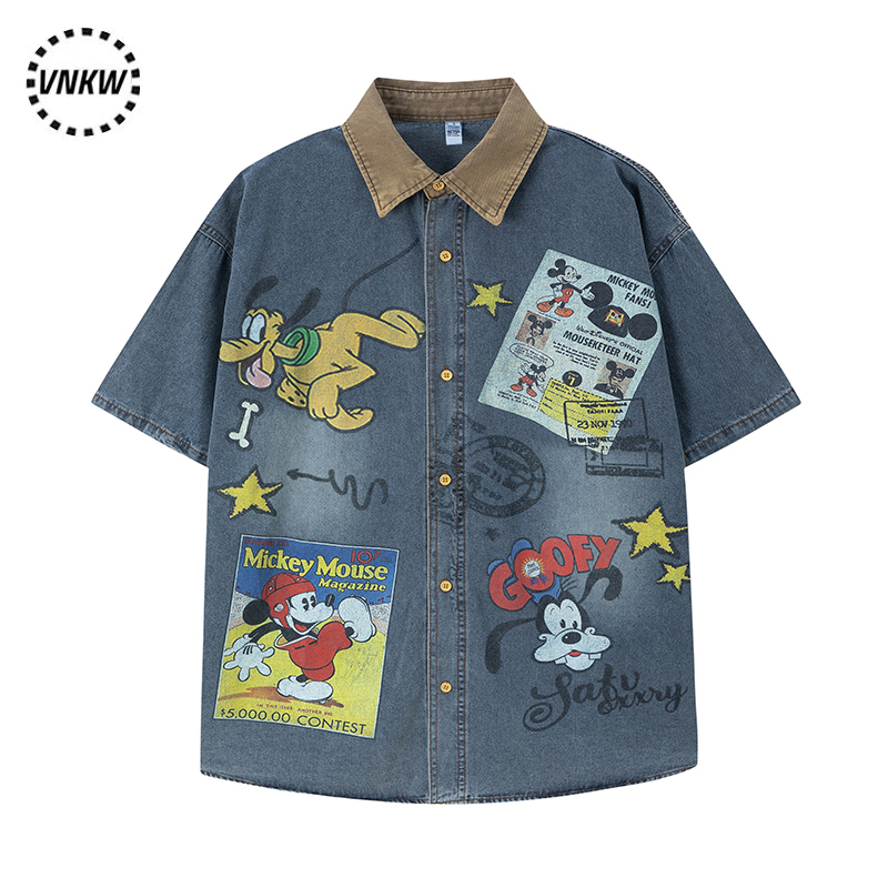 American Retro Fun Mickey Washed Denim Shirt for Men and Women, Summer Design, Loose Casual Short-Sleeved Couple Shirt