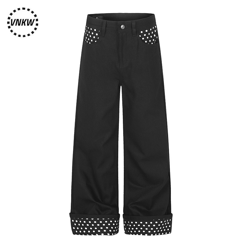 American Retro Style Rolled Hem Polka Dot Black Work Pants Unisex Loose Wide-Leg Versatile Design Casual Long Pants