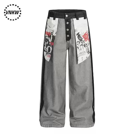 American Retro Distressed Reverse-Wear Large Pocket Main Print Denim Pants Unisex Stylish Fashion Cargo Pants Trendy