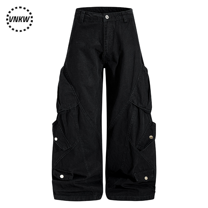 Trendy and Cool Cleanfit Multi-Pocket Scimitar Cargo Pants for Men and Women, Loose Wide-Leg Black Casual Versatile Long Pants