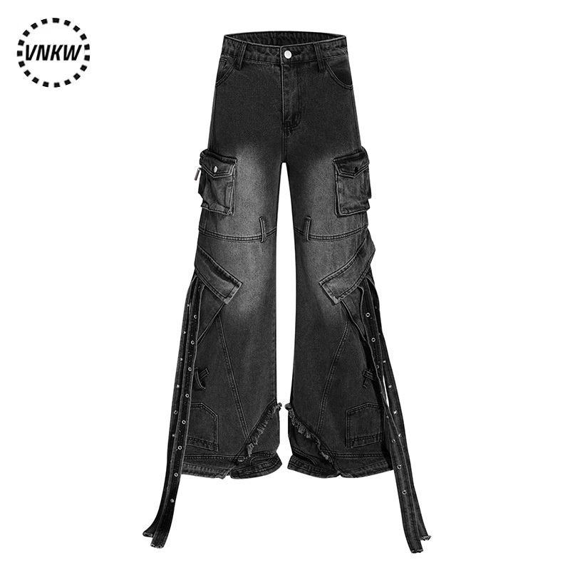 Wang Lujie's Same Style American High Street Cool Heavy-Duty Multi-Pocket Workwear Jeans for Men and Women, Loose Wide-Leg Long Pants