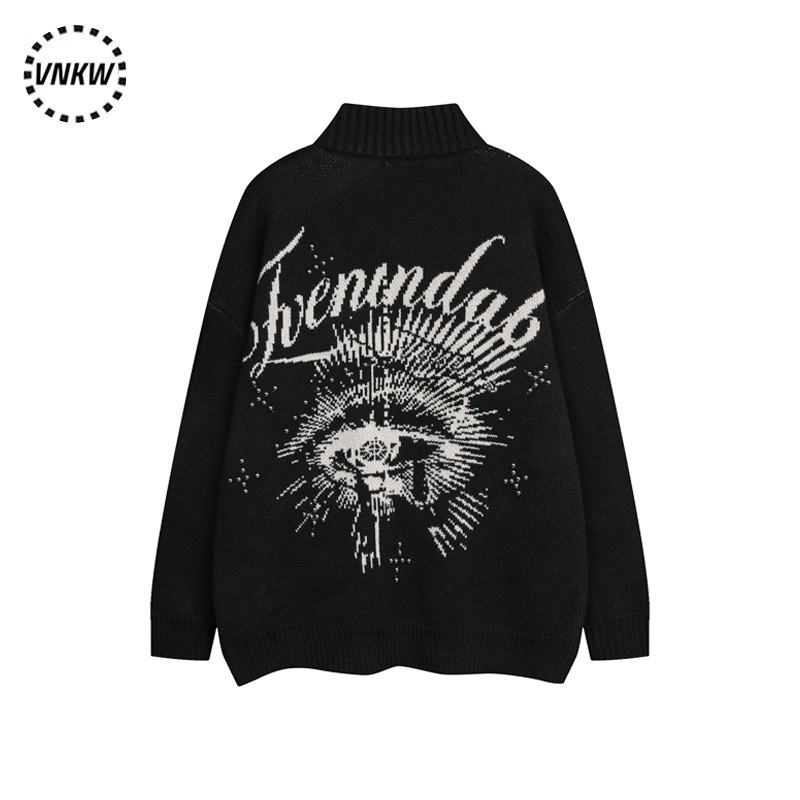 American Retro Stand-Up Collar Cardigan Sweater Jacket for Men and Women, Hip-Hop Lazy Style, Letter Jacquard, Loose Zipper Knitwear, Trendy