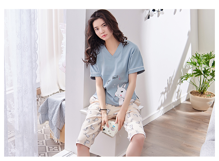 Bộ đồ ngủ nữ mùa hè cotton ngắn tay cắt quần phiên bản Hàn Quốc của phim hoạt hình cotton mùa hè mỏng phần phù hợp với dịch vụ nhà nữ pijama lụa
