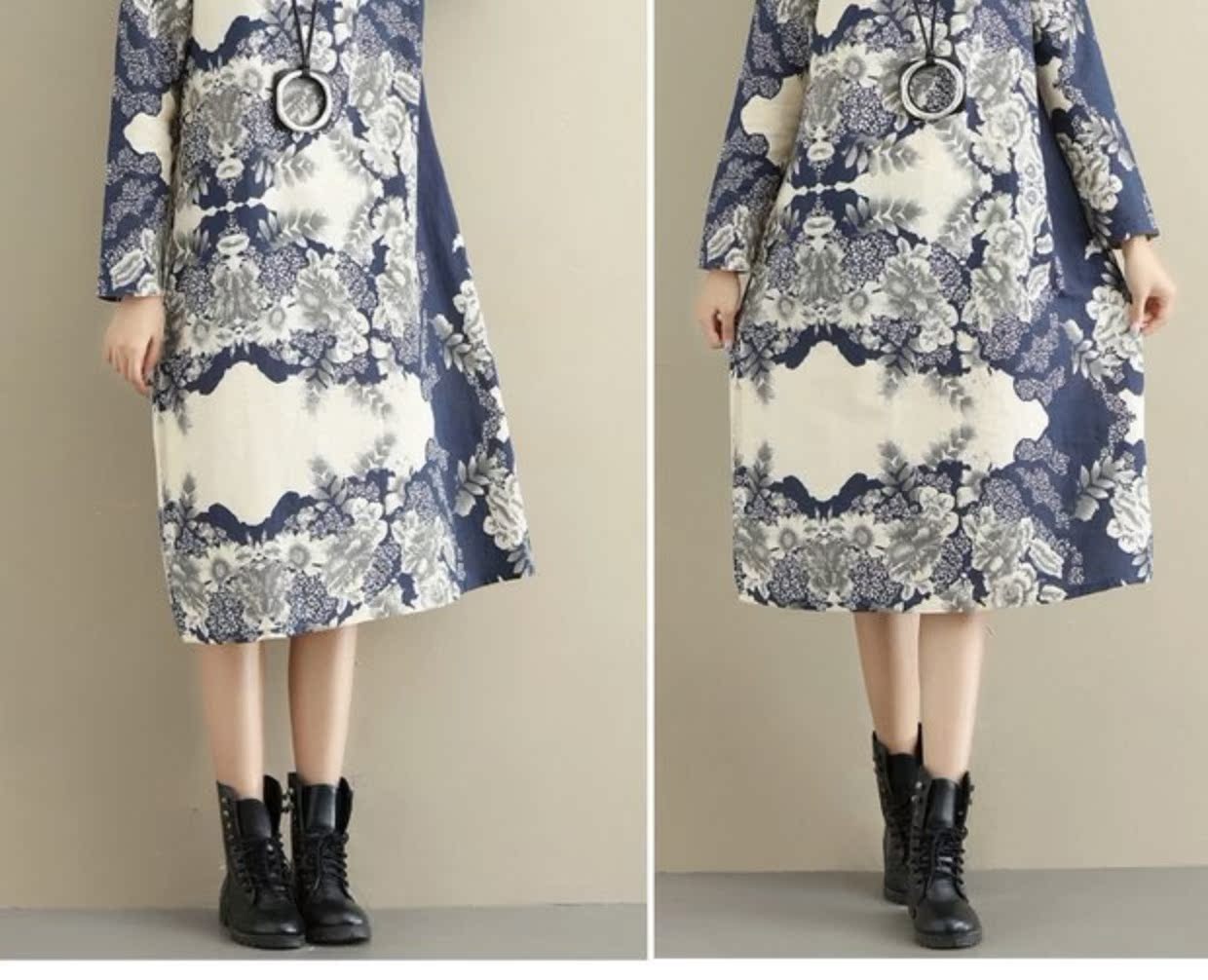 Phong cách quốc gia phụ nữ mới in cotton dài tay và nhung dày kích thước lớn váy đầm văn chương retro váy xếp ly dài