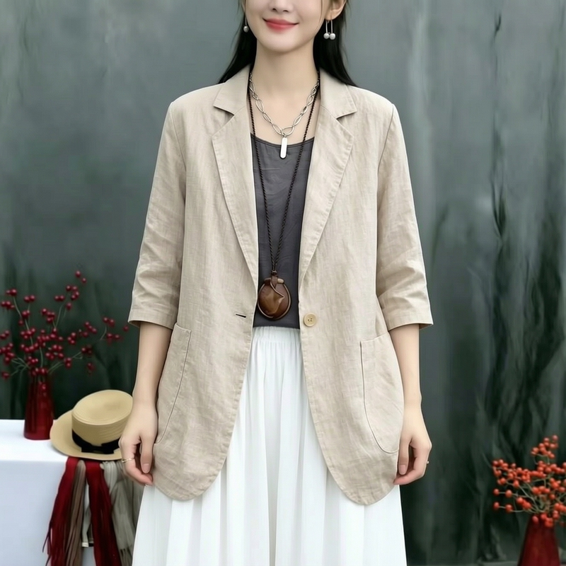 Japanese-Style Natural Cotton and Linen Casual Three-Quarter Sleeve Short Jacket for Women, Retro Solid Color Slim-Fit Versatile Sun-Protective Blazer Top