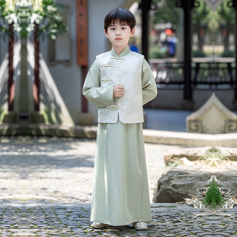 New Style Children's Tang Suit Hanfu Republic of China Style Long Shirt Coat Handsome Young Gentleman Chinese Style Boys' Long Robe Mandarin Jacket Chinese Style