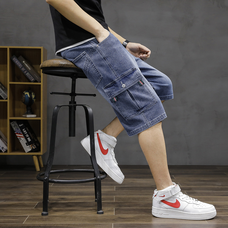 Summer Denim Shorts for Men, Stretchy, Loose-Fitting, Multi-Pocket Cargo Shorts, Casual Knee-Length Shorts, Multi-Pocket, Plus Size, Thin Style