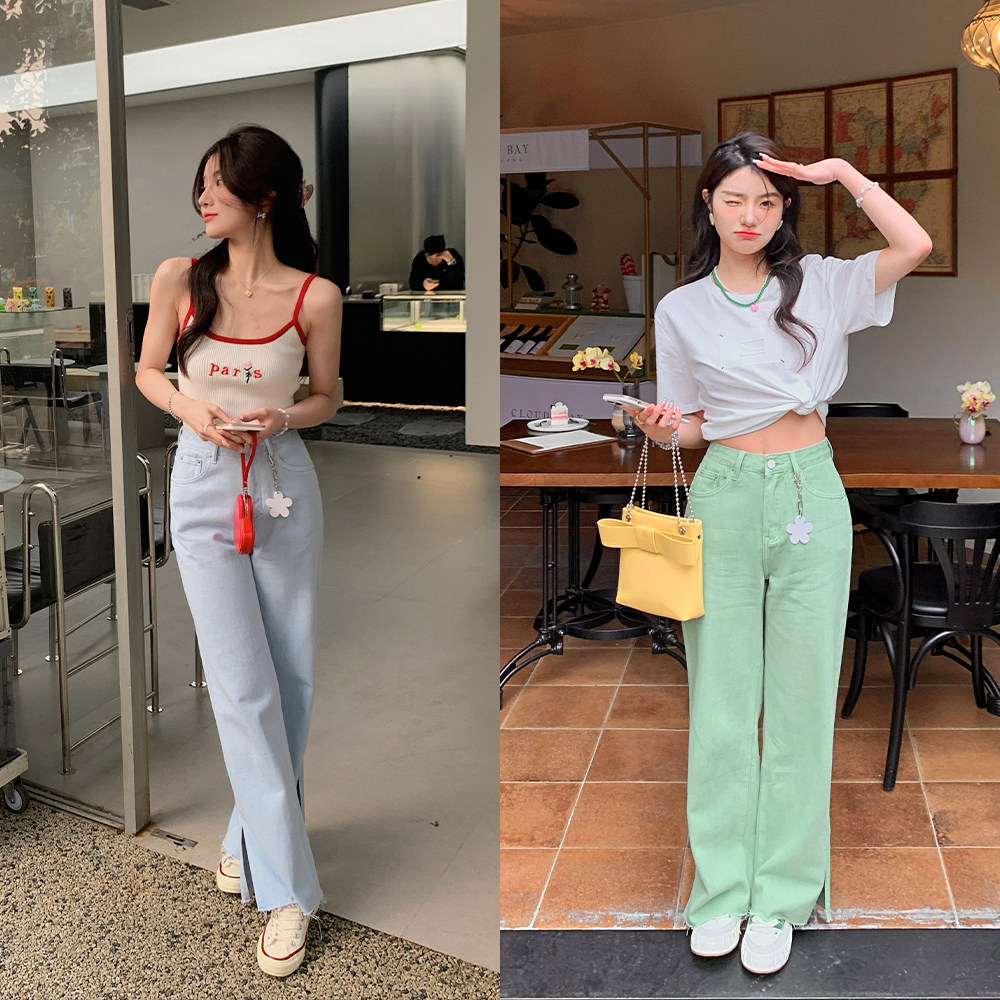 Filter mid-waist straight-leg jeans with slit design at the foot