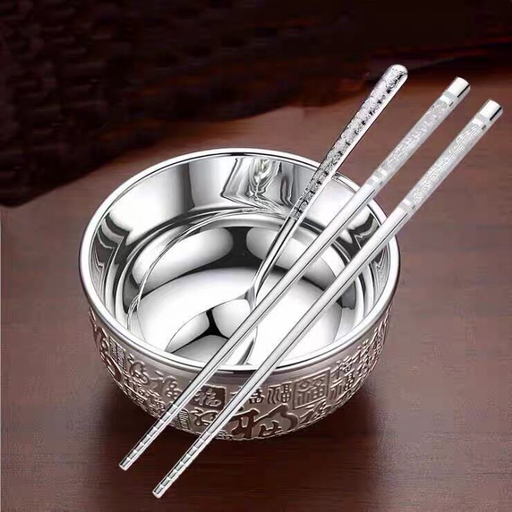 Limited Edition Flash Sale: 999 Pure Silver Bafu Bowl, Household Chopsticks and Spoon Three-Piece Set, Silver-Plated Tableware, Solid Ornament Set