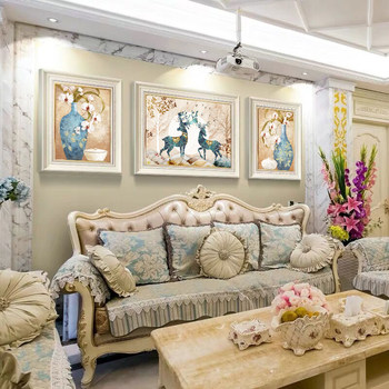 Modern living room decorative painting european sofa background wall hanging painting simple european atmosphere triptych restaurant mural fortune deer