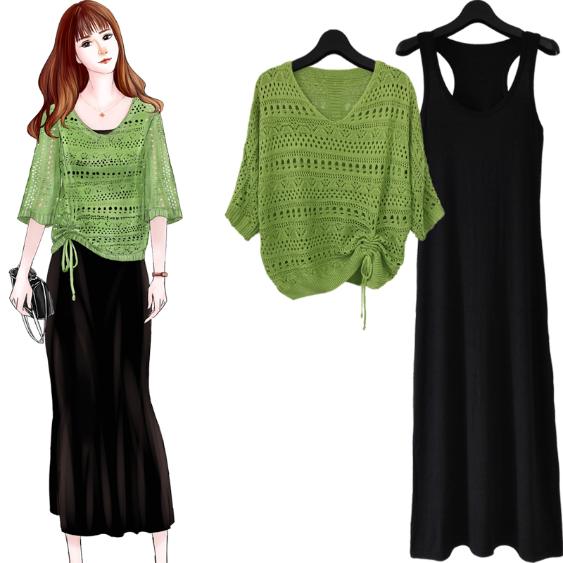 Spring and Summer New Women's Clothing Hollow-Out Knitted Blouse Thin Batwing Shirt Vest Dress Slimming Stylish Two-Piece Dress Set