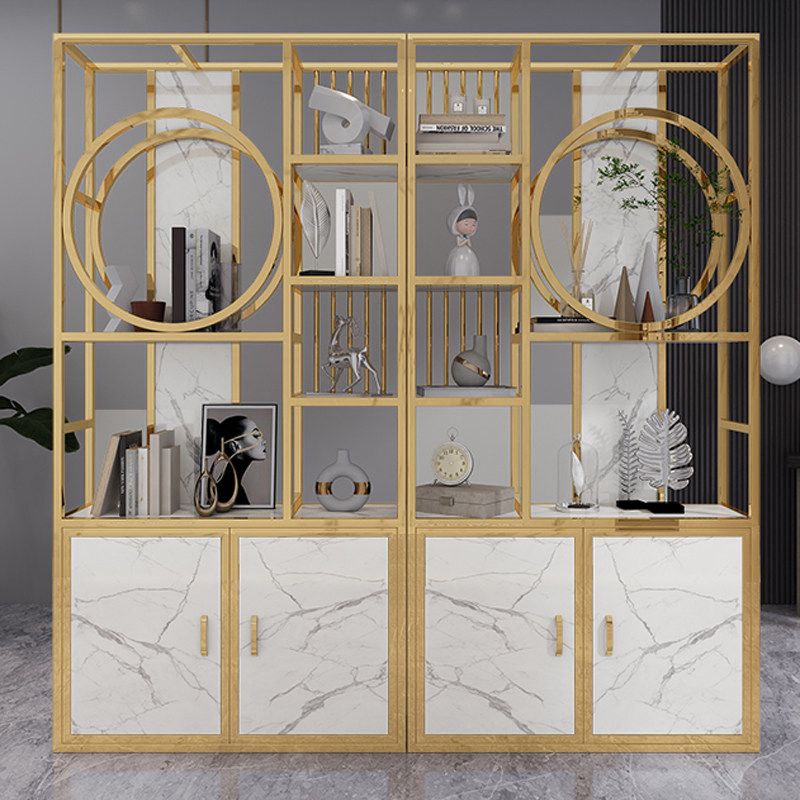 Modern Light Lavish Wind Down Shelf Display Case Stainless Steel Golden Shelve Living-room Bogu Rack Marble Partition