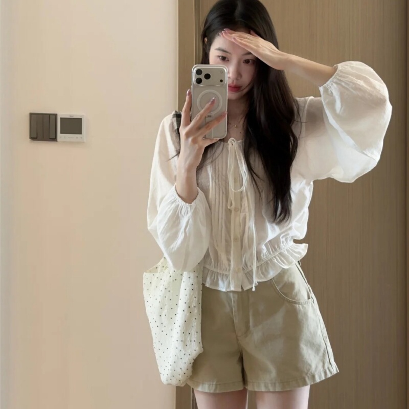 Sun Protection Blouse with Oxygen Texture, Waist-Cinching Tie, French Casual Slimming White Shirt Top for Women in Summer Sun Protection Blouse with Oxygen Texture, Waist-Cinching Tie, French Casual Slimming White Shirt Top for Women in Summer