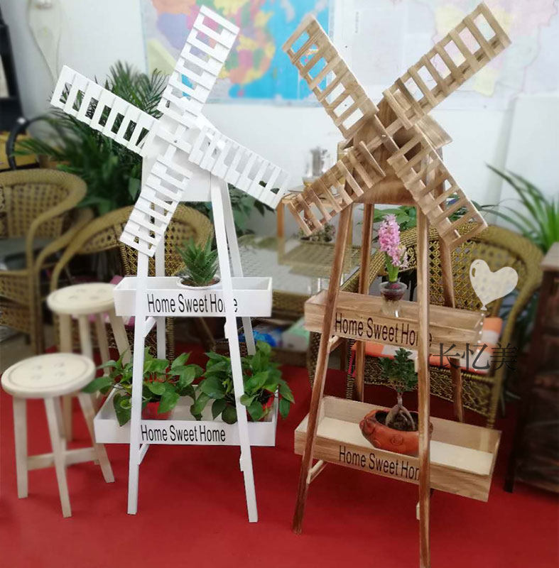 Solid wood retro rotating windmill pastoral storage flower stand outdoor wedding welcome decorative flower ornaments wedding props