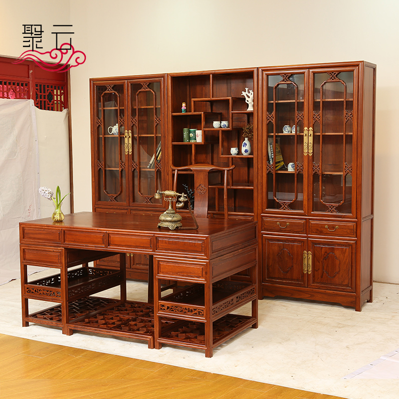 Chinese elm bookcase combination desk and chair 3 piece set Ming Qing classical all - solid wood study furniture