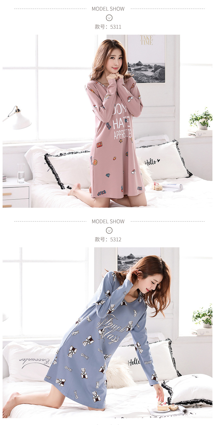 Phiên bản Hàn Quốc của bộ đồ ngủ cotton thông thường phụ nữ mùa thu và mùa đông dễ thương phim hoạt hình dài tay áo dài lỏng lẻo kích thước lớn phục vụ nhà váy ngủ đẹp