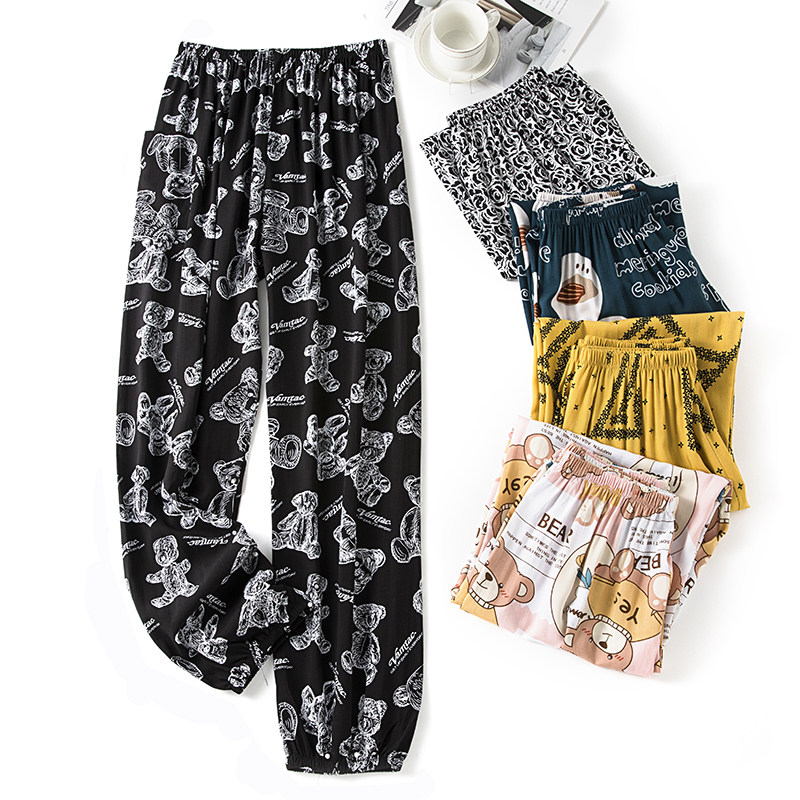 Cotton silk sleeping pants female summer artificial cotton slim light cage pants net red beach pants outside wearing loose mosquito-proof home long pants