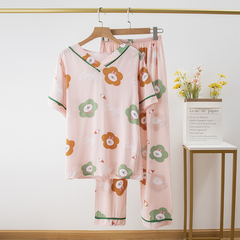 Cotton silk pajamas women's spring and summer rayon short-sleeved trousers thin two-piece suit V-neck pullover outer wear home clothes