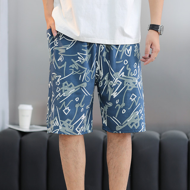 Summer men's cotton silk pajama pants large size beach five-point pants