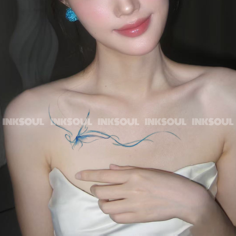 Green Mist Butterfly Shadow |   Popular Pure Desire ins Style Blue Butterfly Line Tattoo Stickers to Cover Scars on Arms and Abdomen, Niche Stickers