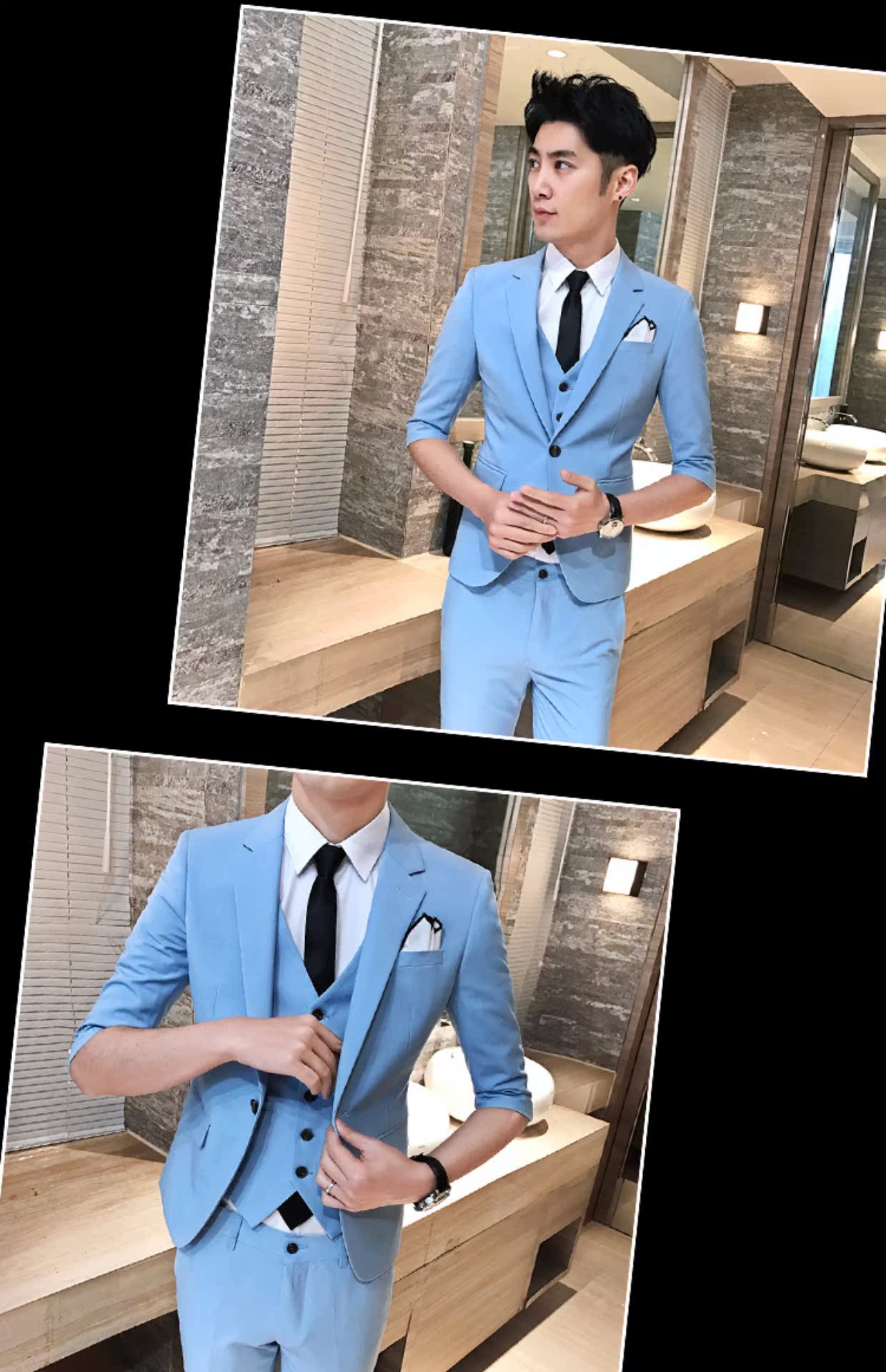Mùa hè phiên bản Hàn Quốc của tay áo phù hợp với bộ đồ ba mảnh Slim tay áo bảy điểm nam phù hợp với nhỏ phù hợp với váy cưới nhà tạo mẫu tóc vest nam đẹp