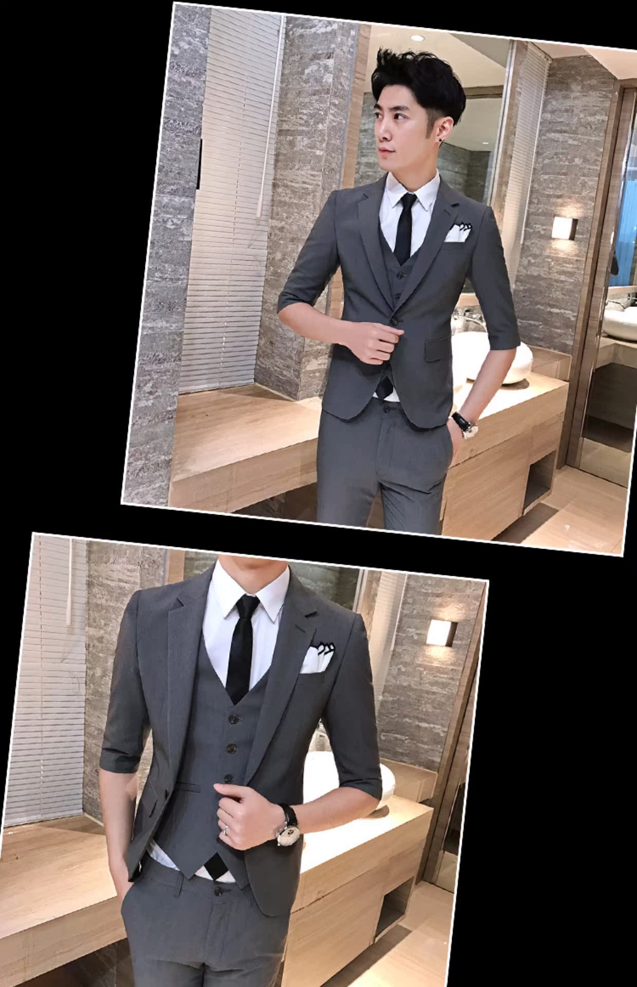Mùa hè phiên bản Hàn Quốc của tay áo phù hợp với bộ đồ ba mảnh Slim tay áo bảy điểm nam phù hợp với nhỏ phù hợp với váy cưới nhà tạo mẫu tóc vest nam đẹp