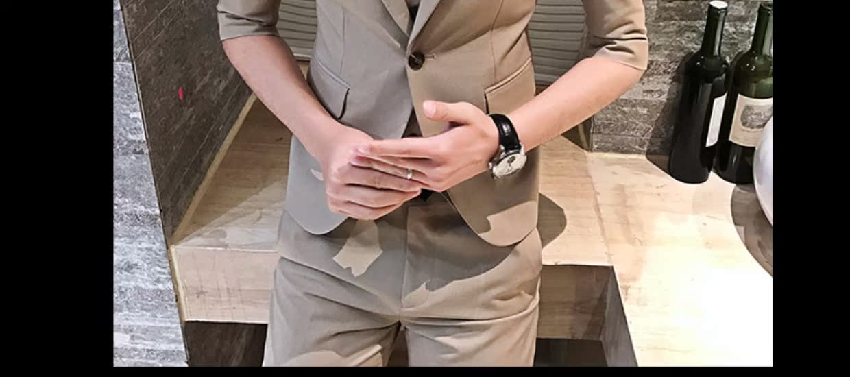 Mùa hè phiên bản Hàn Quốc của tay áo phù hợp với bộ đồ ba mảnh Slim tay áo bảy điểm nam phù hợp với nhỏ phù hợp với váy cưới nhà tạo mẫu tóc vest nam đẹp
