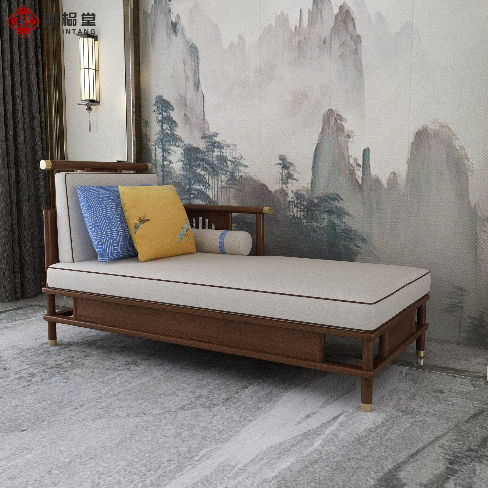 New Chinese style solid wood chaise longue modern living room sofa reclining chair beauty couch Zen bedroom chaise longue bed furniture customization
